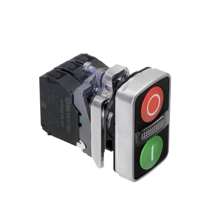 Кнопка двойная плоская с подсветкой, красная/зеленая, маркировка "I+O", 1NO+1NC, 24V AC/DC, IP65, металл